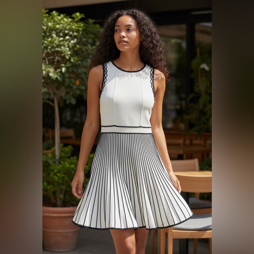 Women's White & Black Sleeveless Knit Pleated Dress